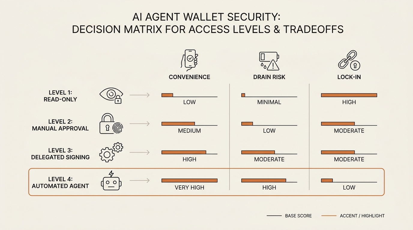 Decision matrix infographic for AI agent wallet security showing four access levels scored on convenience, drain risk…
