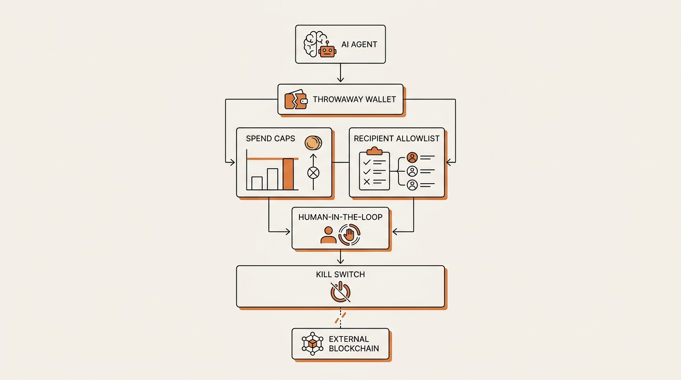 Guardrail stack diagram for AI agent wallet security — throwaway wallet, spend caps, recipient allowlist, human-in-th…