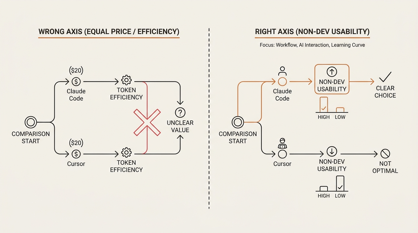 Diagram contrasting the wrong decision axis of equal price and token efficiency against the right axis for a non-developer Claude Code vs Cursor comparison