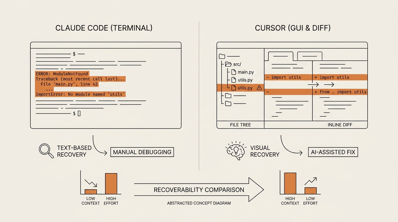 Split infographic showing recoverability in a Claude Code vs Cursor coding agent comparison, terminal error text versus visible GUI file tree and inline diff