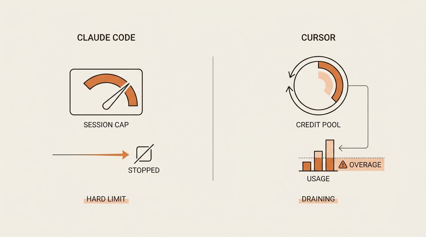 Diagram of two cost meters in a Claude Code vs Cursor comparison, a hard session cap versus a credit pool draining toward overage