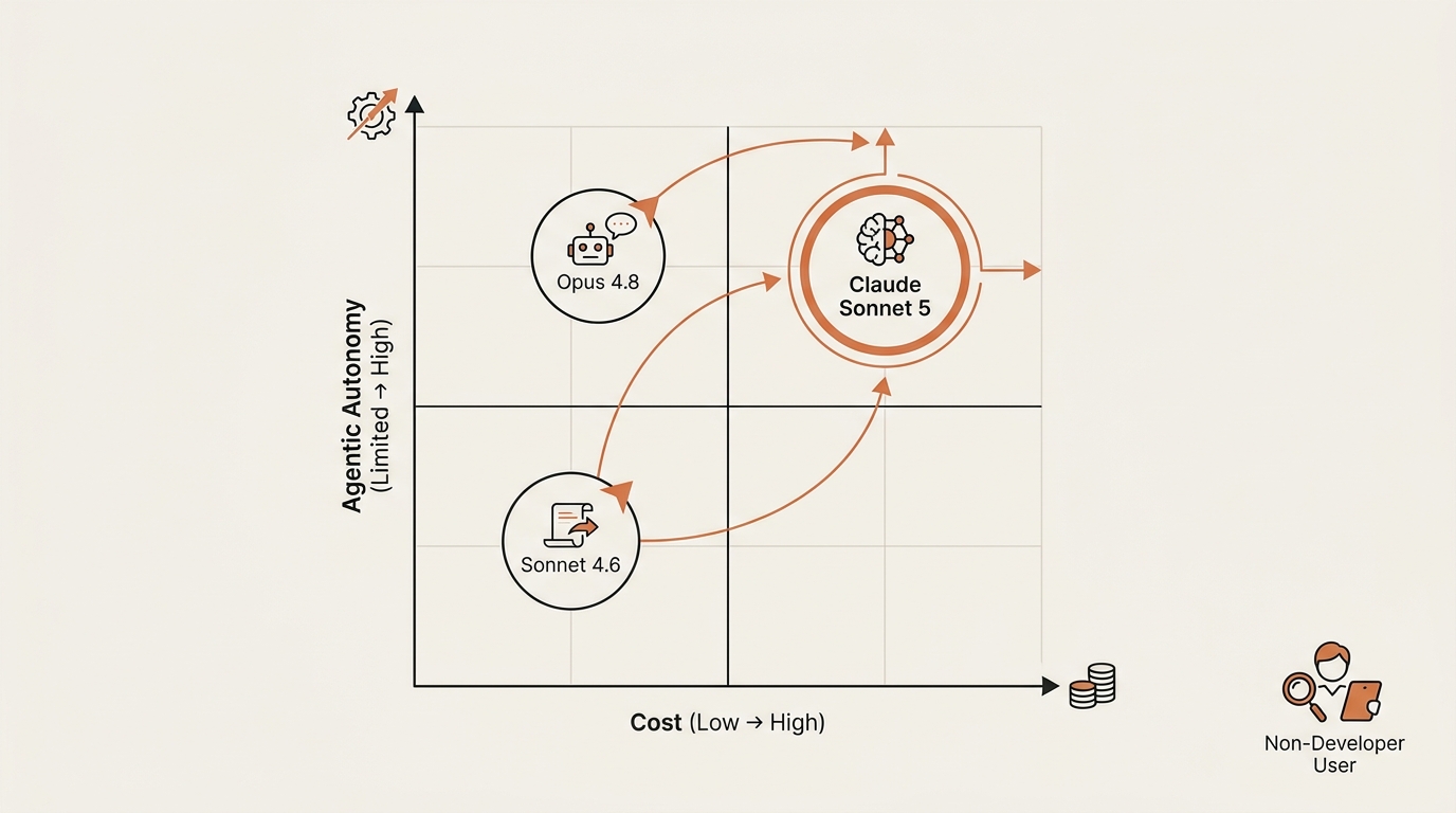 Positioning diagram plotting the Claude Sonnet 5 agentic model launch against Sonnet 4.6 and Opus 4.8 on a cost versus agentic-autonomy grid for non-developers