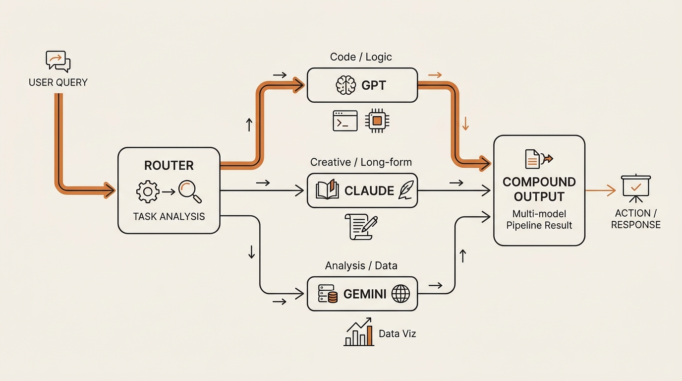 Flow diagram showing a router directing a query to GPT, Claude, or Gemini based on task type, illustrating how compound AI systems work as multi-model pipelines