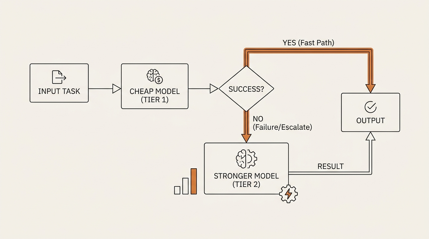 Two-tier cascade infographic showing a cheap model attempting a task first and escalating to a stronger model only on failure, a core model routing pattern in compound AI systems