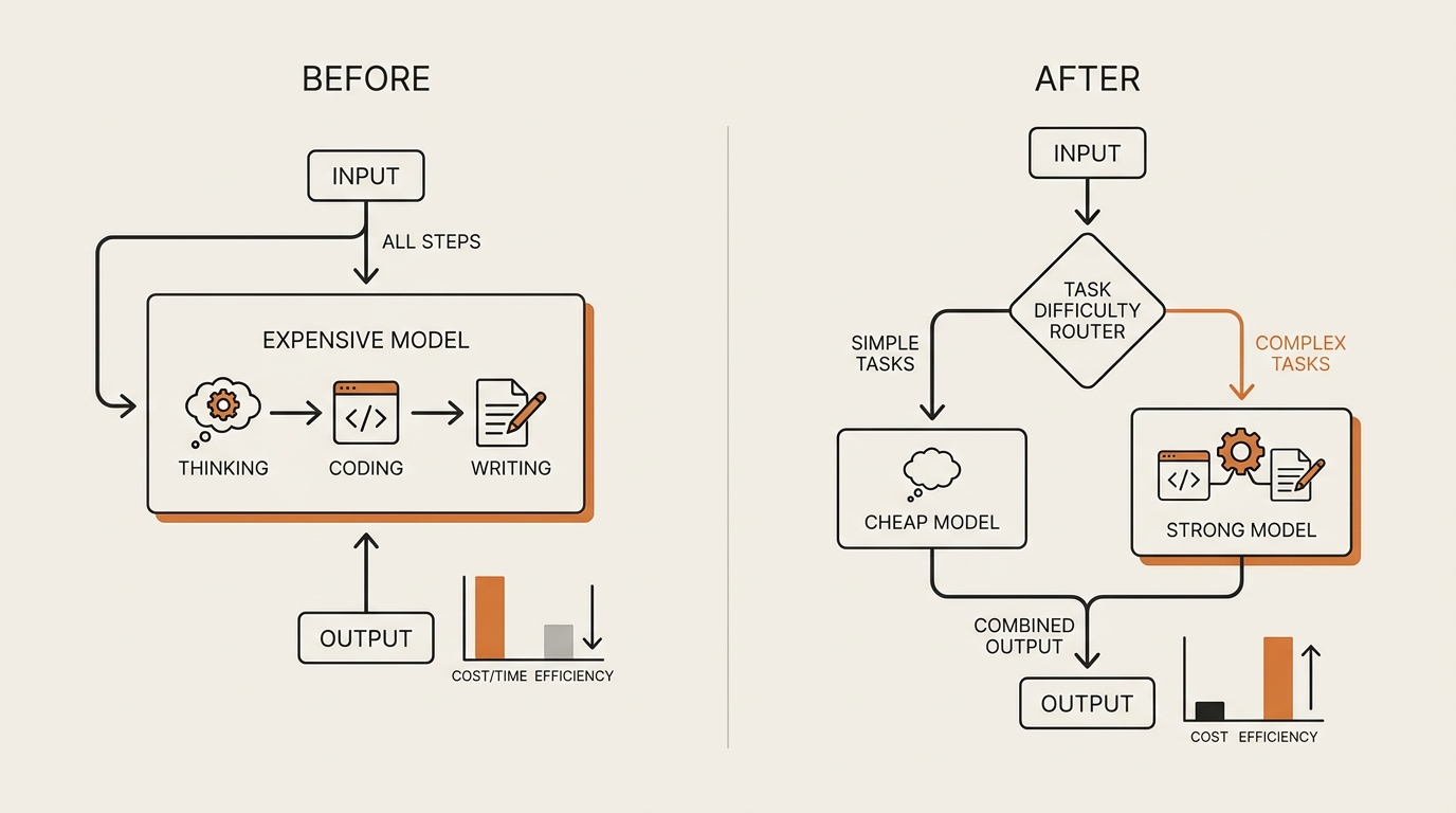 Before-and-after diagram contrasting one expensive model doing every step against a routed compound AI system splitting cheap and strong models by task difficulty