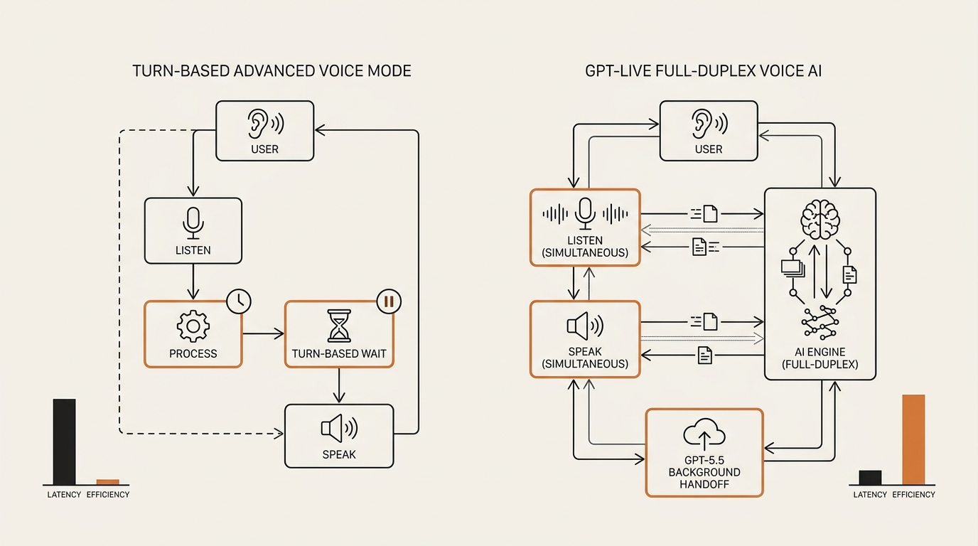 Diagram contrasting turn-based Advanced Voice Mode with GPT-Live full-duplex voice AI, showing simultaneous listen-an…