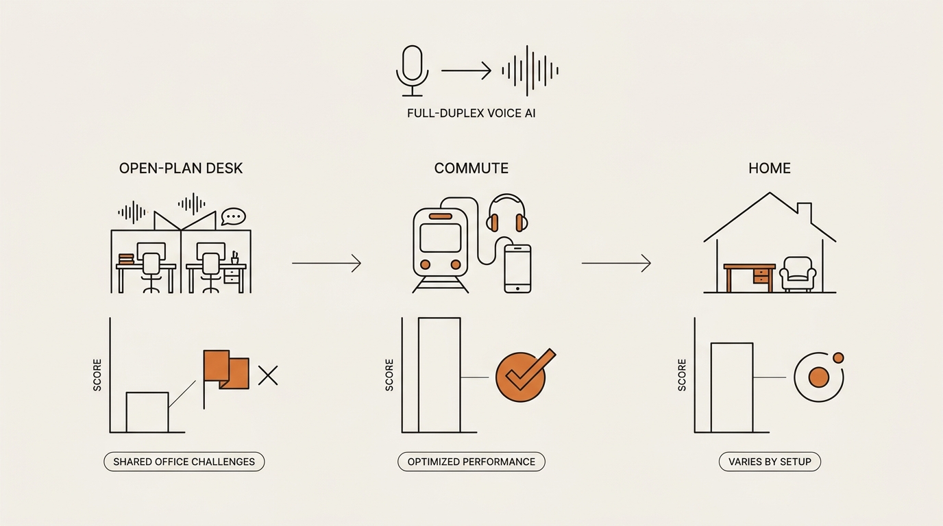 Infographic scoring full-duplex voice AI across three settings — open-plan desk, commute, home — with a red flag on t…