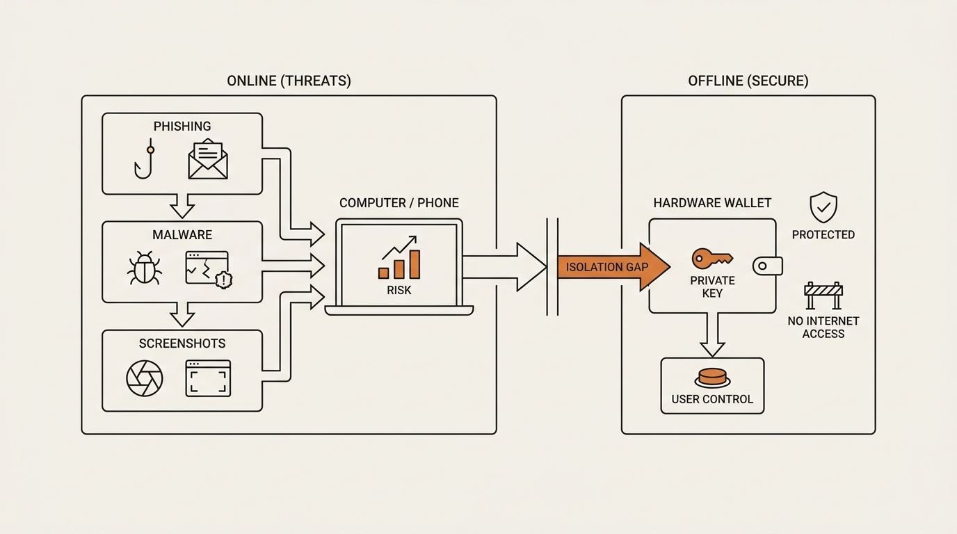 Threat-model layers diagram showing how a hardware wallet isolates the private key offline from phishing, malware, and address-poisoning attacks