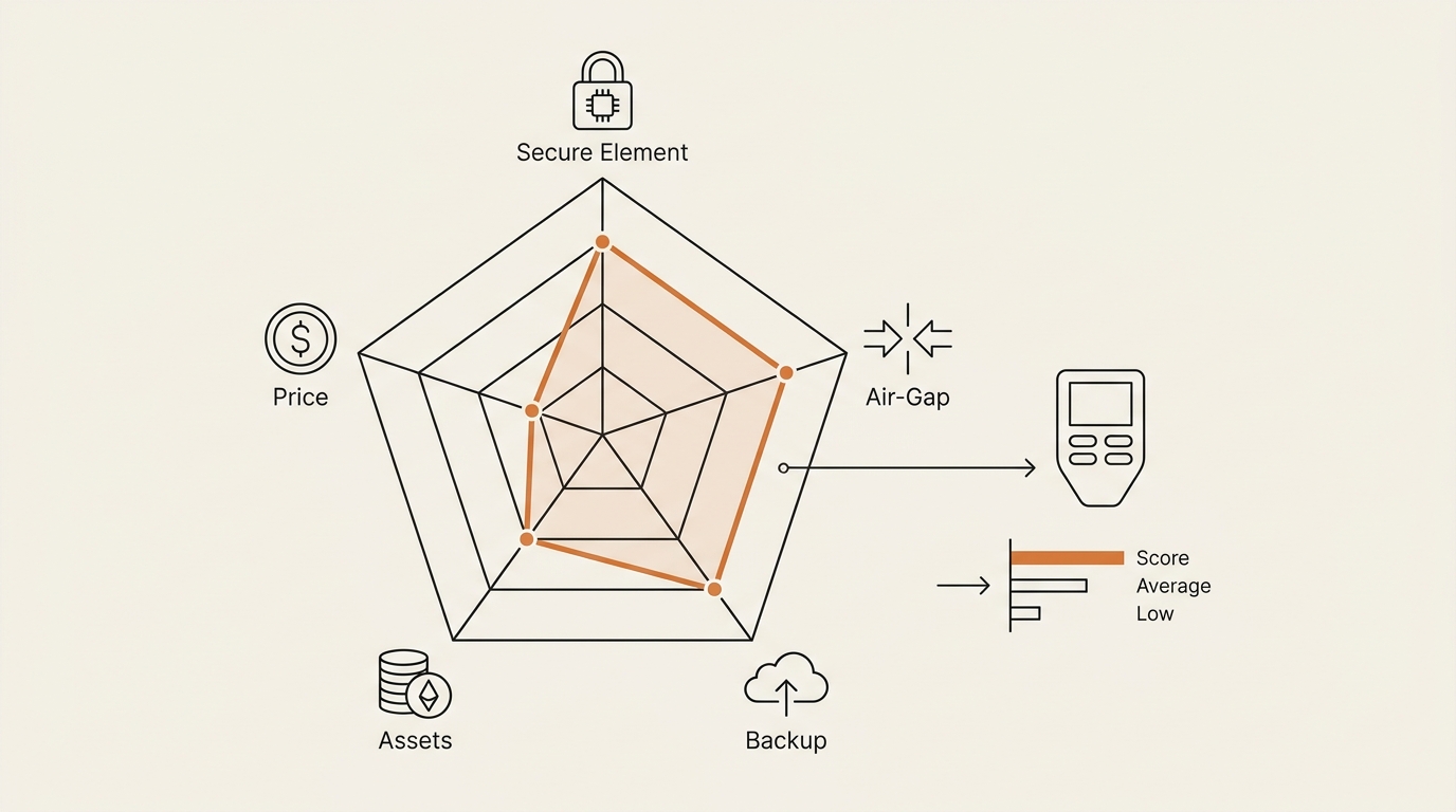 Five-axis decision grid infographic scoring a hardware wallet on secure element, air-gap, backup, assets, and price