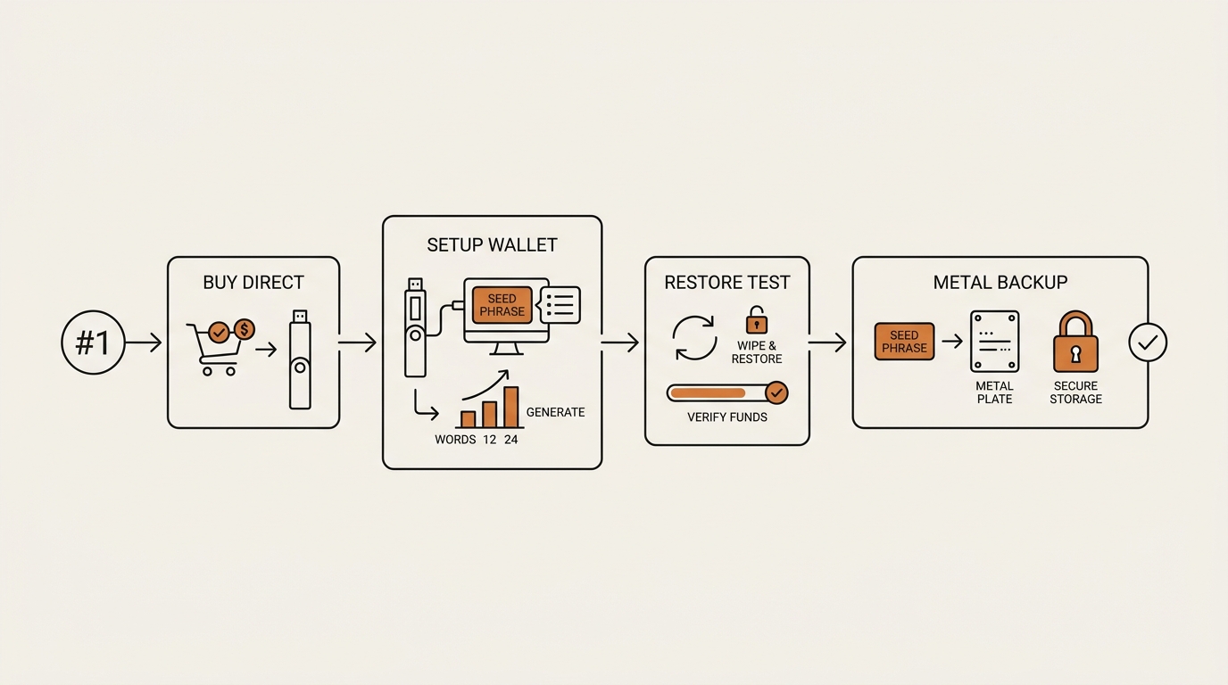 Numbered self-custody setup checklist flow from buy-direct to restore-test to metal-backup for a hardware wallet