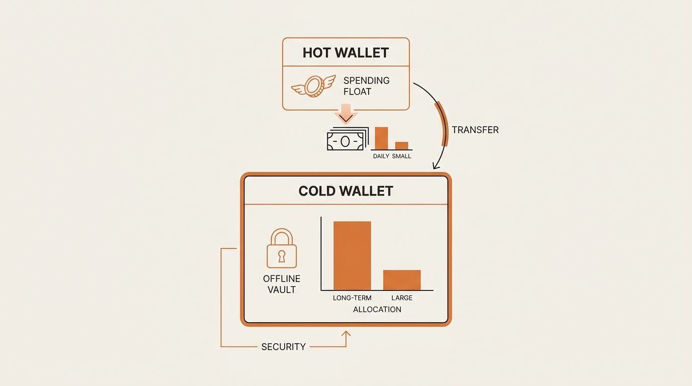 Two-tier diagram showing a hot wallet as a small spending float and a cold wallet as a larger offline vault, illustra…