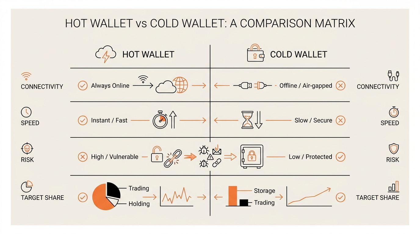Comparison matrix contrasting hot wallet vs cold wallet across connectivity, speed, risk, and target share