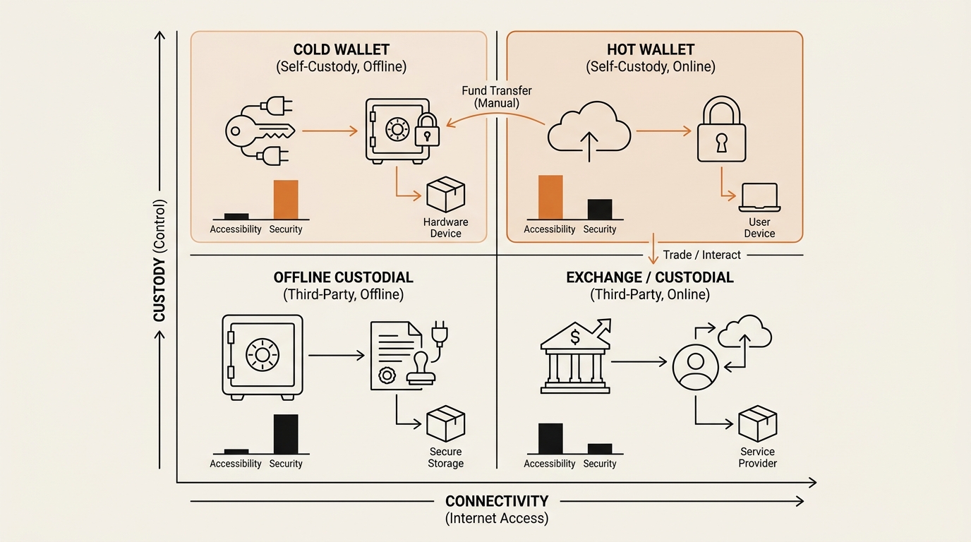 2x2 grid mapping the connectivity axis against the custody axis for a hot wallet vs cold wallet setup