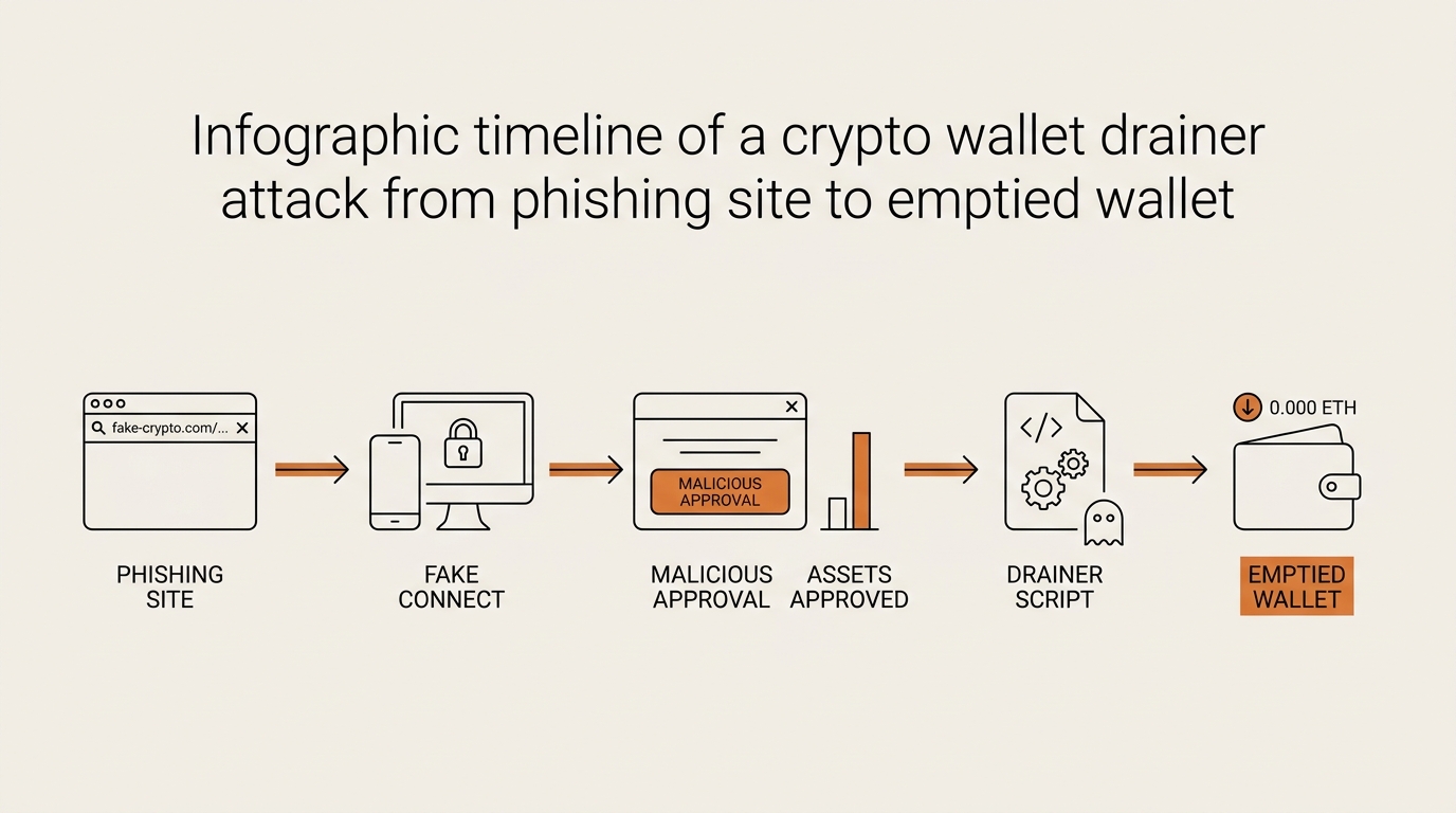 Infographic timeline of a crypto wallet drainer attack from phishing site to emptied wallet