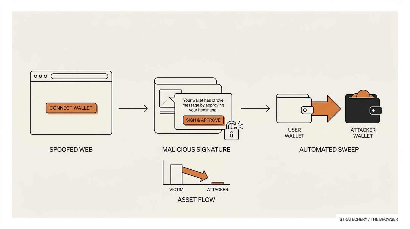 Diagram of the wallet drainer attack flow from spoofed front-end to malicious off-chain signature to automated sweep