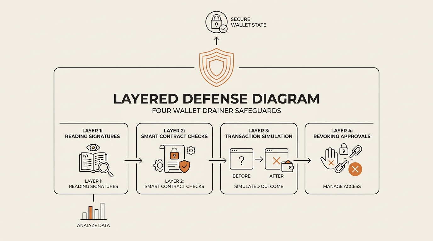 Layered defense diagram showing four wallet drainer safeguards from reading signatures to revoking approvals