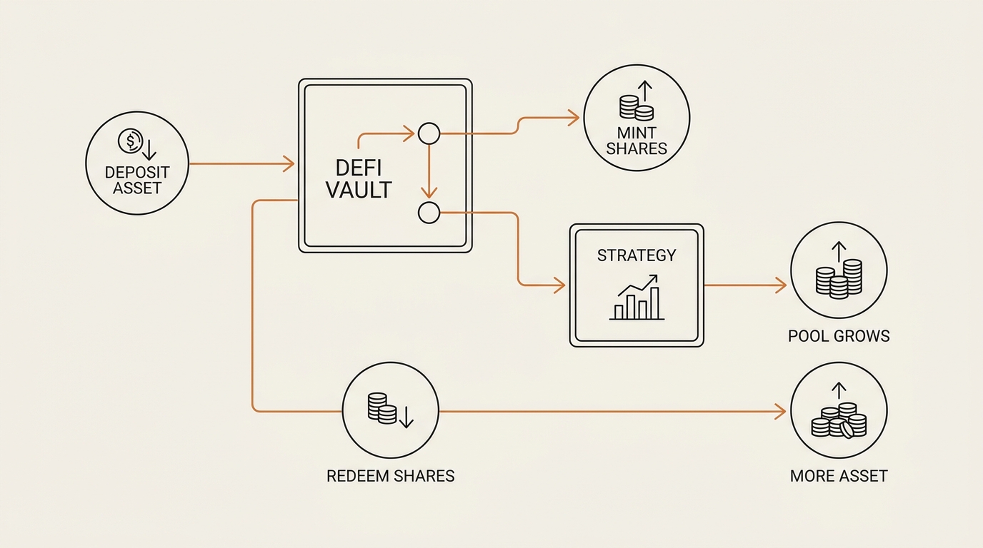Flow diagram showing how a DeFi vault works — deposit asset, mint shares, strategy earns yield, pool grows, then redeem shares for more of the underlying asset.