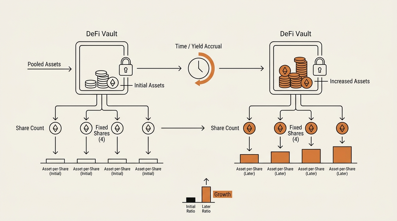 Diagram of the asset-per-share ratio inside a DeFi vault — a fixed share count while total pooled assets rise, so each share redeems for more of the asset over time.