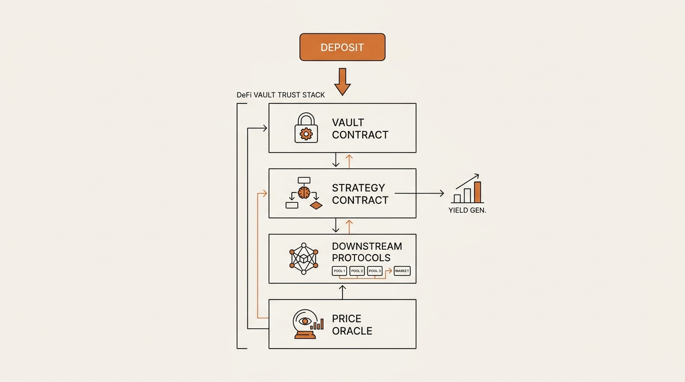 Four-layer trust stack infographic for how DeFi vaults work — vault contract, strategy contract, downstream protocols, and price oracle stacked as dependencies.