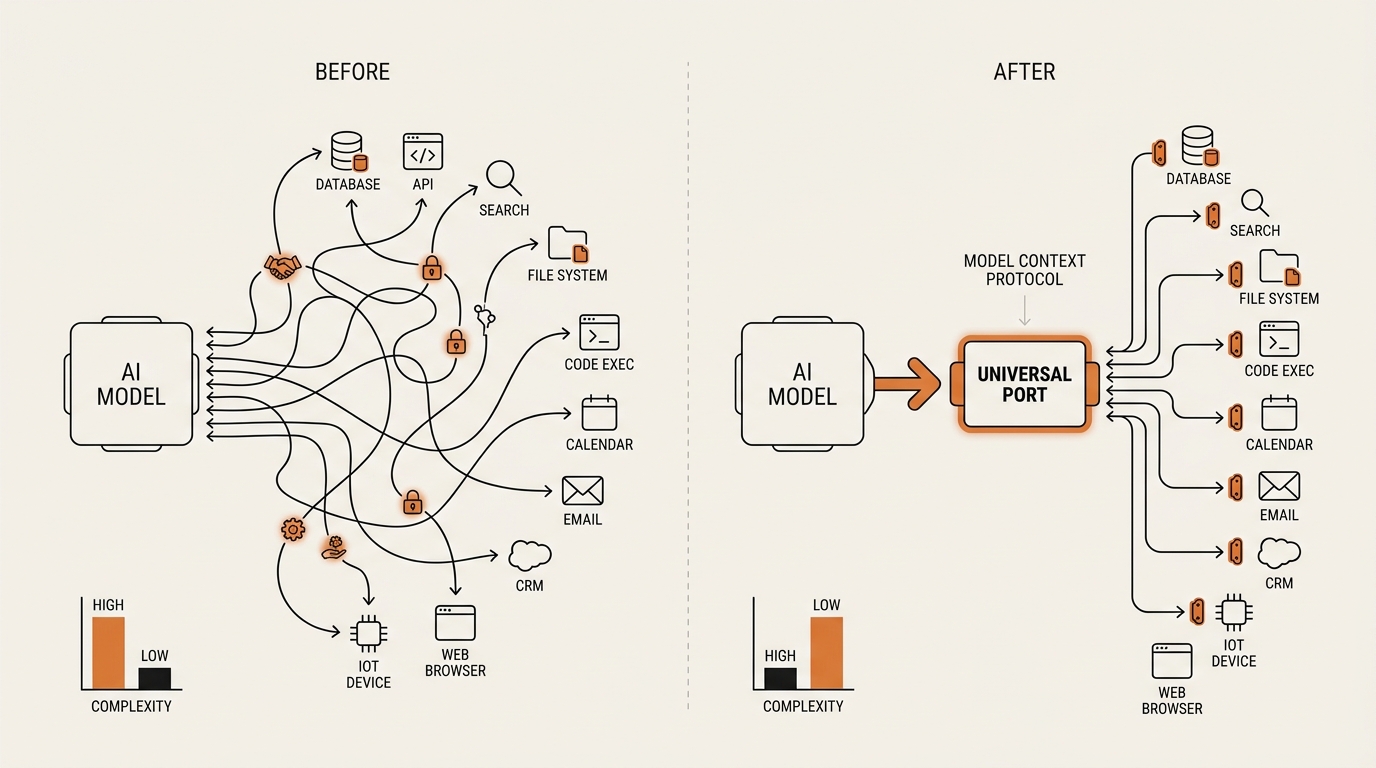 Before-and-after diagram showing the Model Context Protocol replacing many custom AI-to-tool wires with one universal…