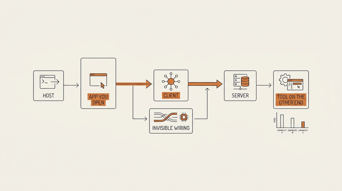 Model Context Protocol wiring diagram mapping host to the app you open, client to invisible wiring, and server to the…