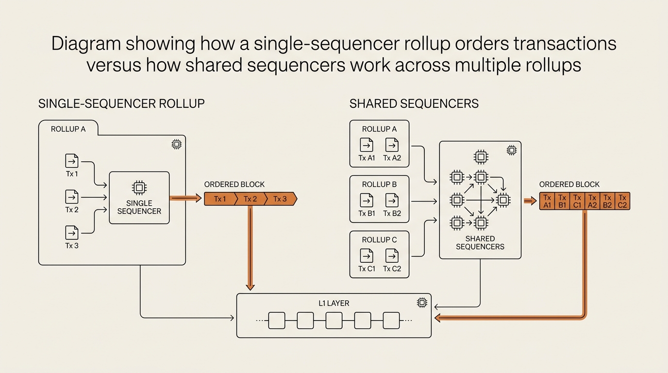 Diagram showing how a single-sequencer rollup orders transactions versus how shared sequencers work across multiple rollups from one shared ordering layer