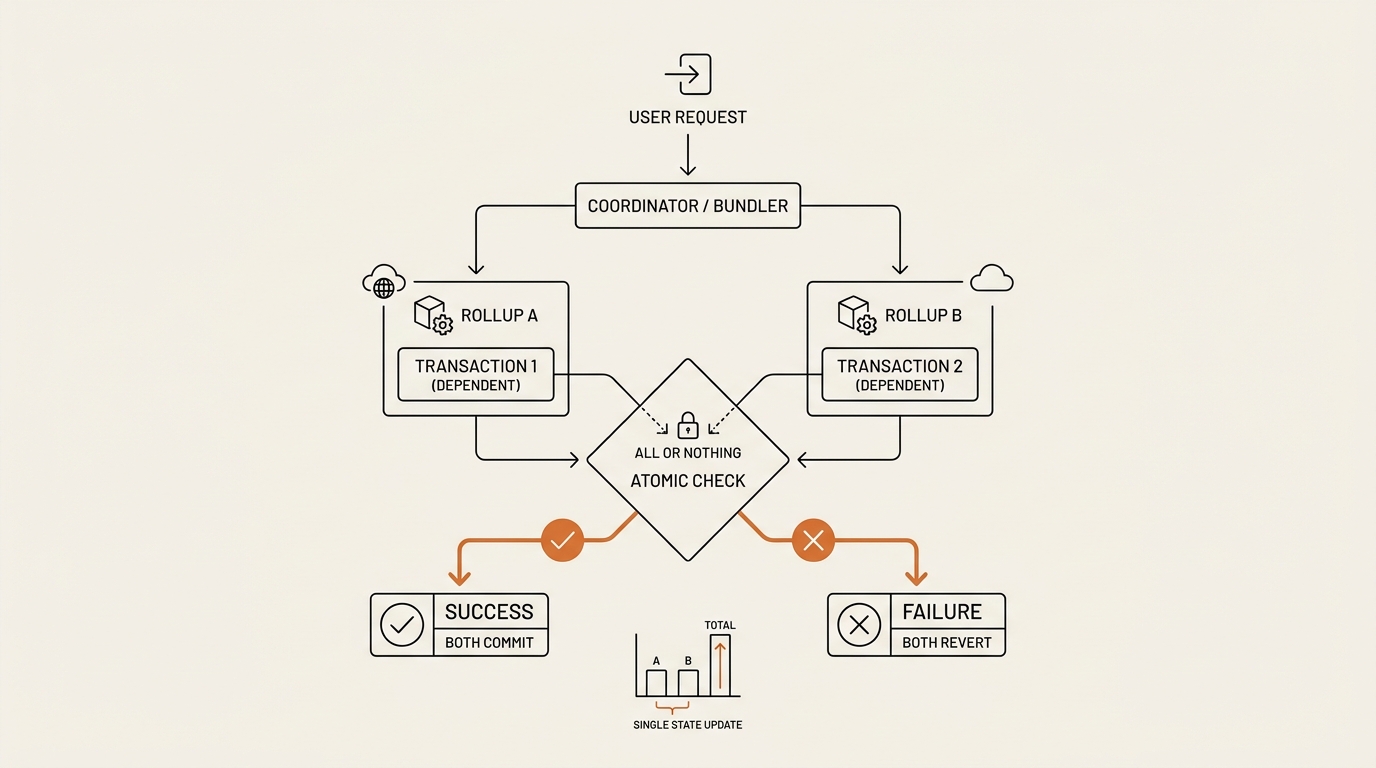 Flow diagram of a cross-rollup atomic transaction bundle where two dependent transactions on different rollups succeed together or fail together under a shared sequencer