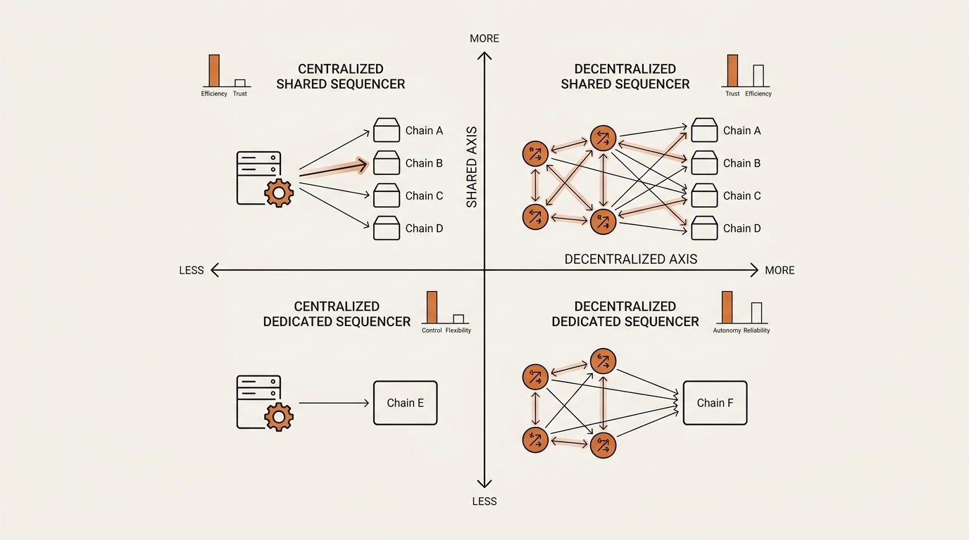 A two-by-two matrix separating the shared axis from the decentralized axis for how shared sequencers work