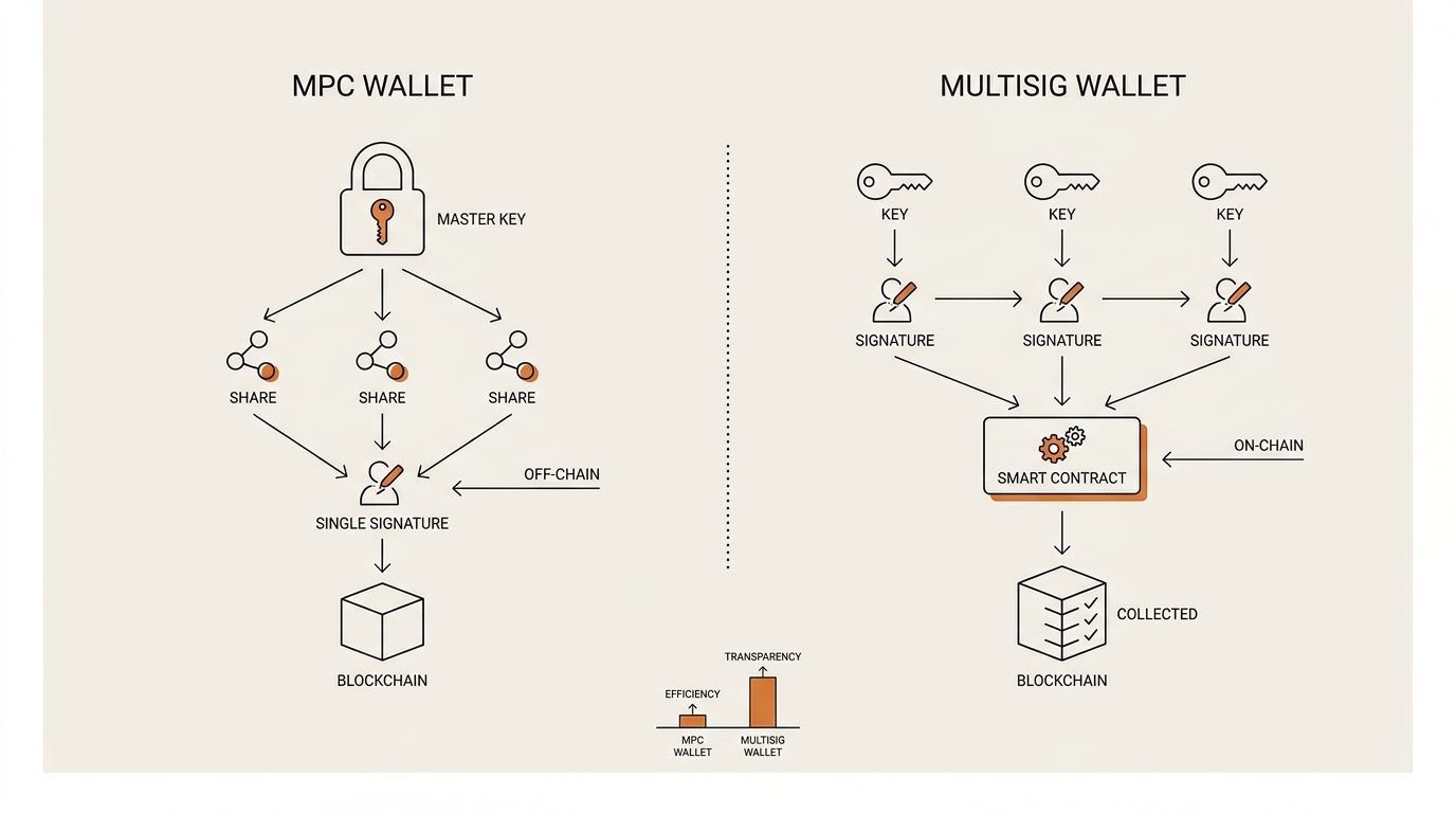 Diagram contrasting an MPC wallet and a multisig wallet, showing one key split into shares that produces a single on-chain signature versus a smart contract collecting multiple distinct on-chain signatures.