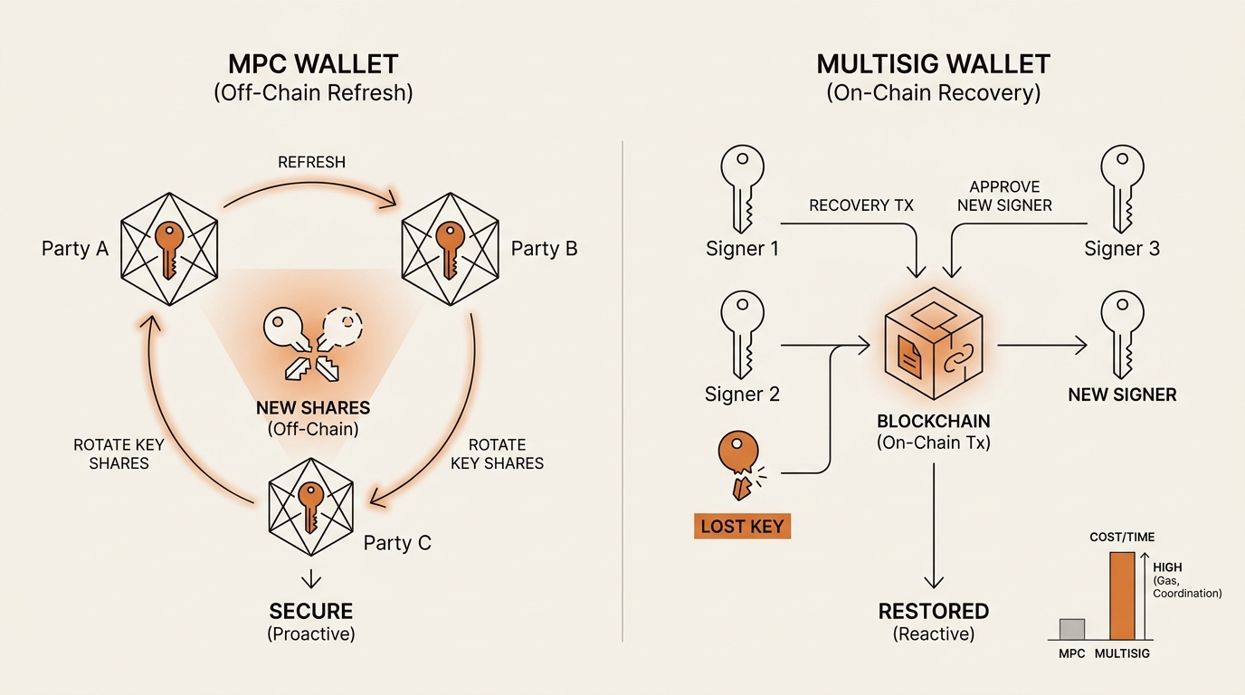 Infographic showing an MPC wallet refreshing key shares off-chain across parties versus a multisig wallet needing on-chain signatures visible to anyone reading the block explorer.