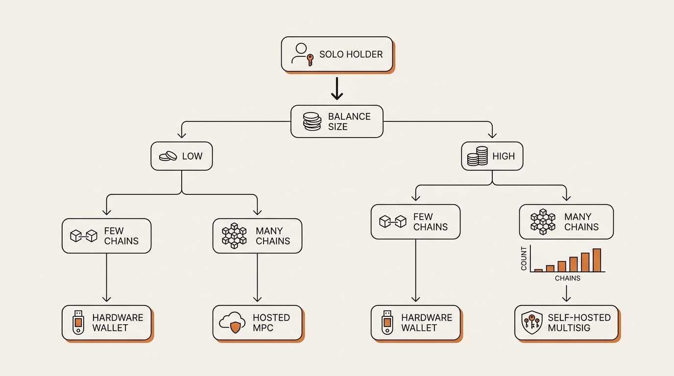 Decision-tree diagram for a solo holder choosing between a hardware wallet, a self-hosted multisig wallet, and a hosted MPC wallet based on counterparty trust and recovery needs.