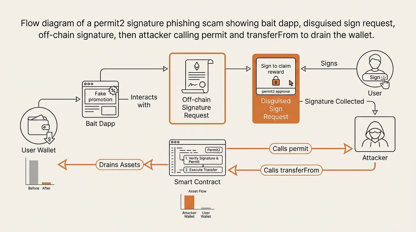Flow diagram of a permit2 signature phishing scam showing a bait dapp, a disguised sign request, an off-chain signature, and the attacker calling transferFrom to drain the wallet