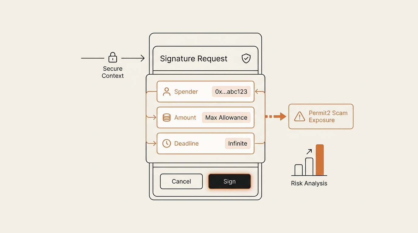 Anatomy of a signature request screen with the spender, amount, and deadline fields highlighted to expose a permit2 signature phishing scam before you sign