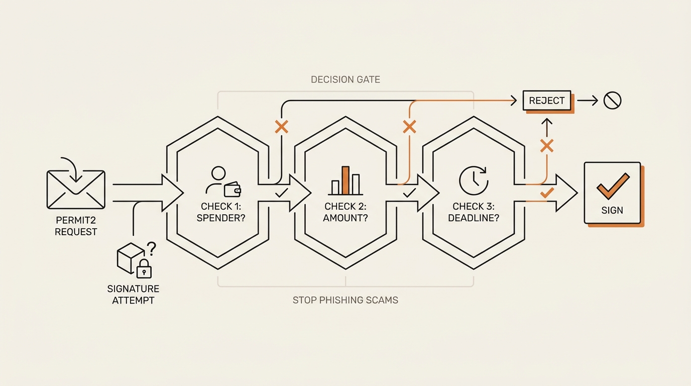 Three-question sign-or-reject decision gate checking spender, amount, and deadline to stop a permit2 signature phishing scam at the wallet popup