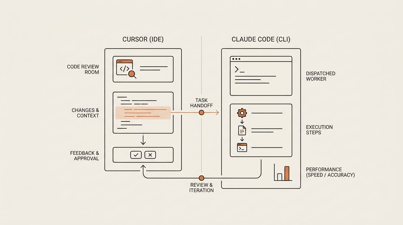 Split diagram of running two AI coding agents together — Cursor as the review room (IDE) on the left, Claude Code as the dispatched worker (CLI) on the right, both sharing one git repository