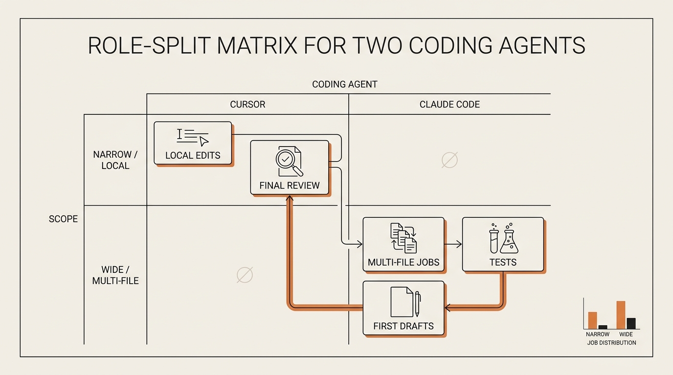 Role-split matrix for two coding agents — Cursor owning narrow local edits and final review, Claude Code owning wide multi-file jobs, first drafts, and test writing