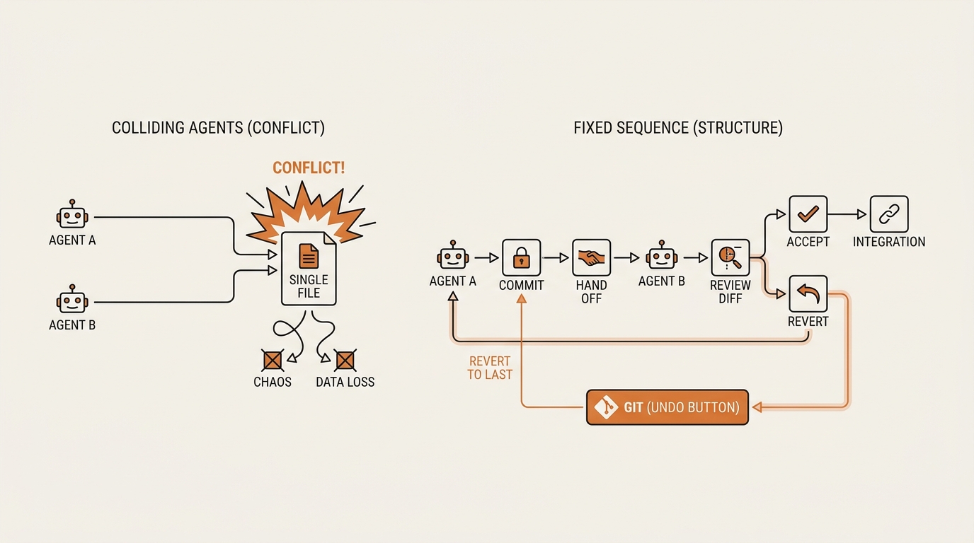 Timeline infographic of two coding agents colliding on one file versus the fixed sequence — commit, hand off, review the diff, then repeat with only one agent editing at a time