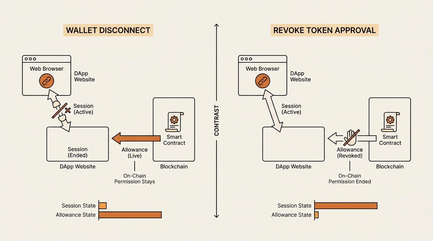 Diagram contrasting wallet disconnect versus revoking a token approval, showing disconnect ends the browser session w…