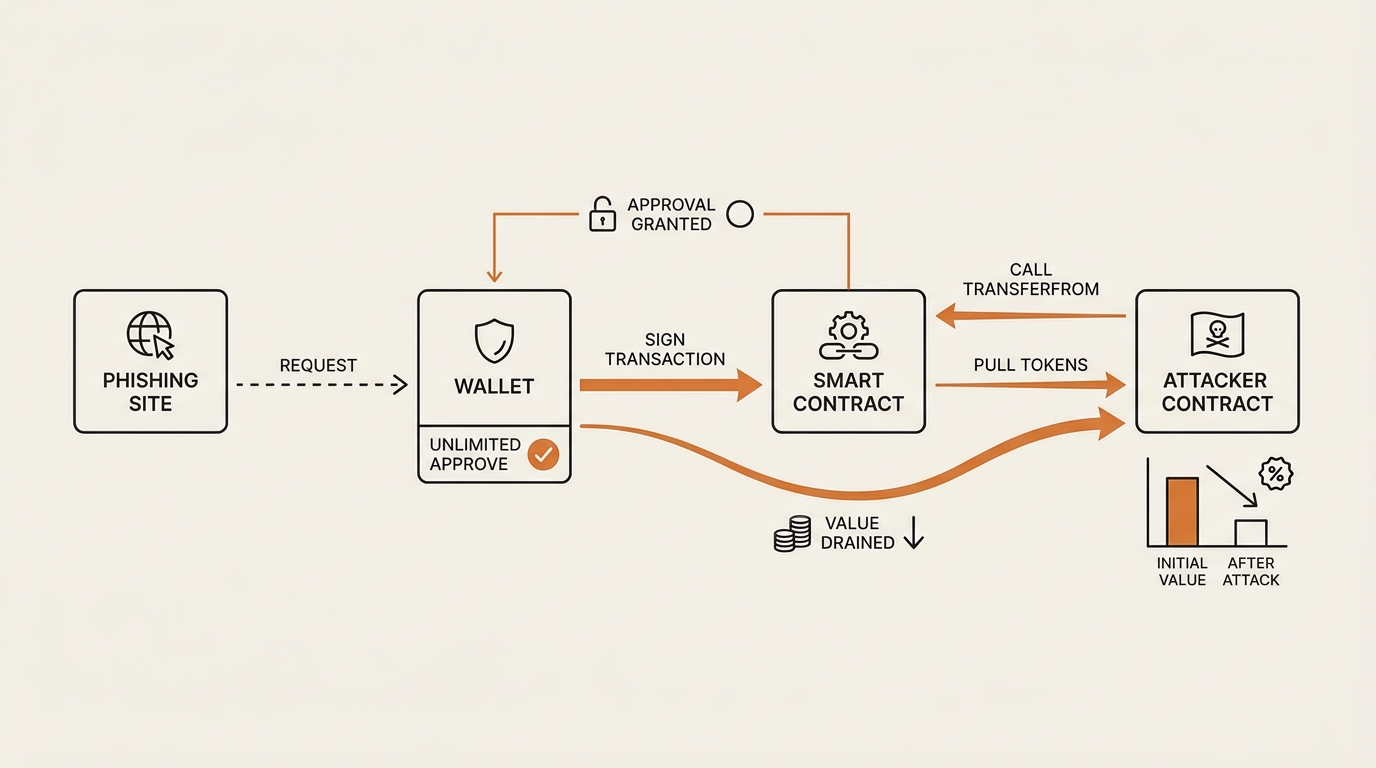 Infographic showing how token approvals drain wallets, from a phishing site requesting an unlimited approve to the at…