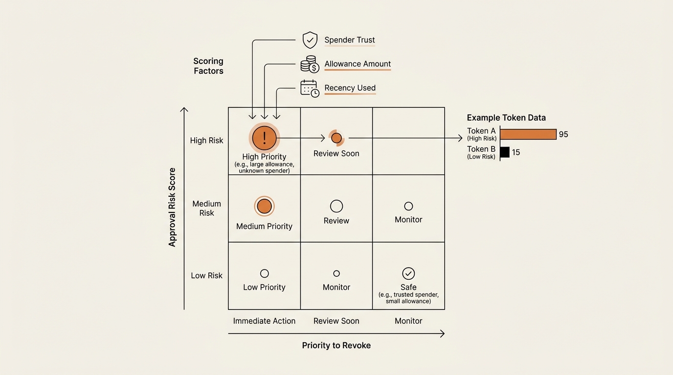 Risk matrix diagram for deciding which wallet approvals to revoke first, scoring each token approval by spender trust…