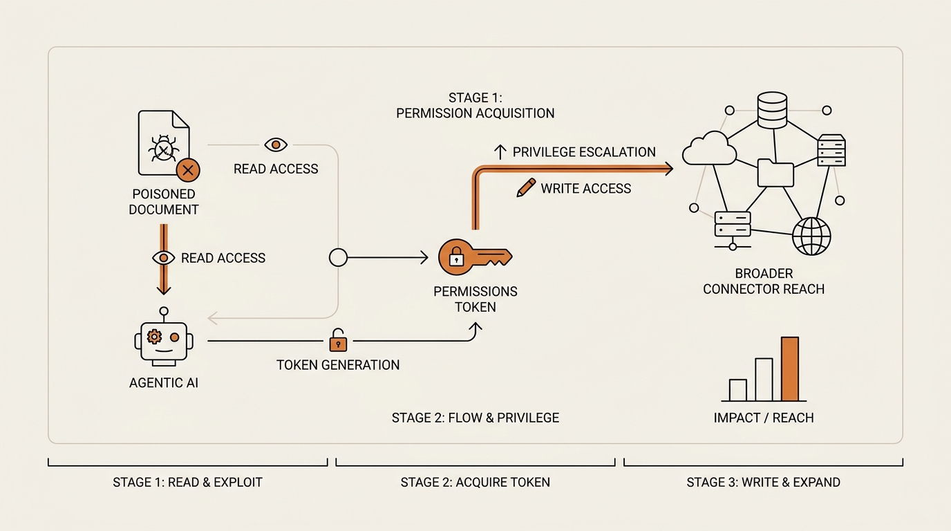 Infographic showing how an agentic AI kill chain works as a three-stage permission flow, from a poisoned document rea…