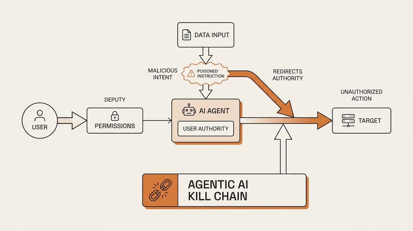 Diagram of the confused deputy mental model where an AI agent holds the user's permissions and a poisoned instruction…
