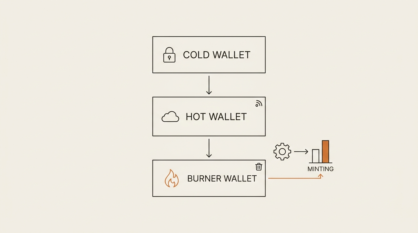 Three-tier diagram showing cold wallet, hot wallet, and a burner wallet as the disposable bottom layer for minting