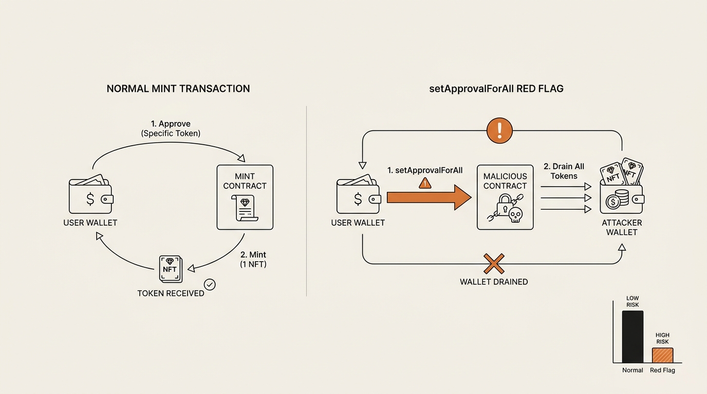 Infographic contrasting a normal mint transaction with a setApprovalForAll red flag during minting