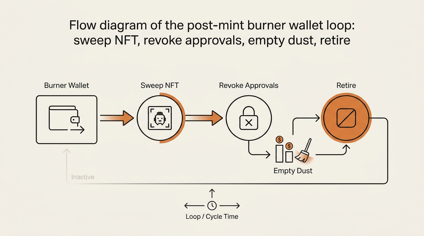 Flow diagram of the post-mint burner wallet loop: sweep NFT, revoke approvals, empty dust, retire