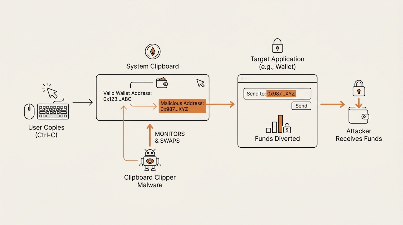 Attack-flow diagram of how clipboard clipper malware swaps a wallet address from Ctrl-C to malware swap to paste to Send