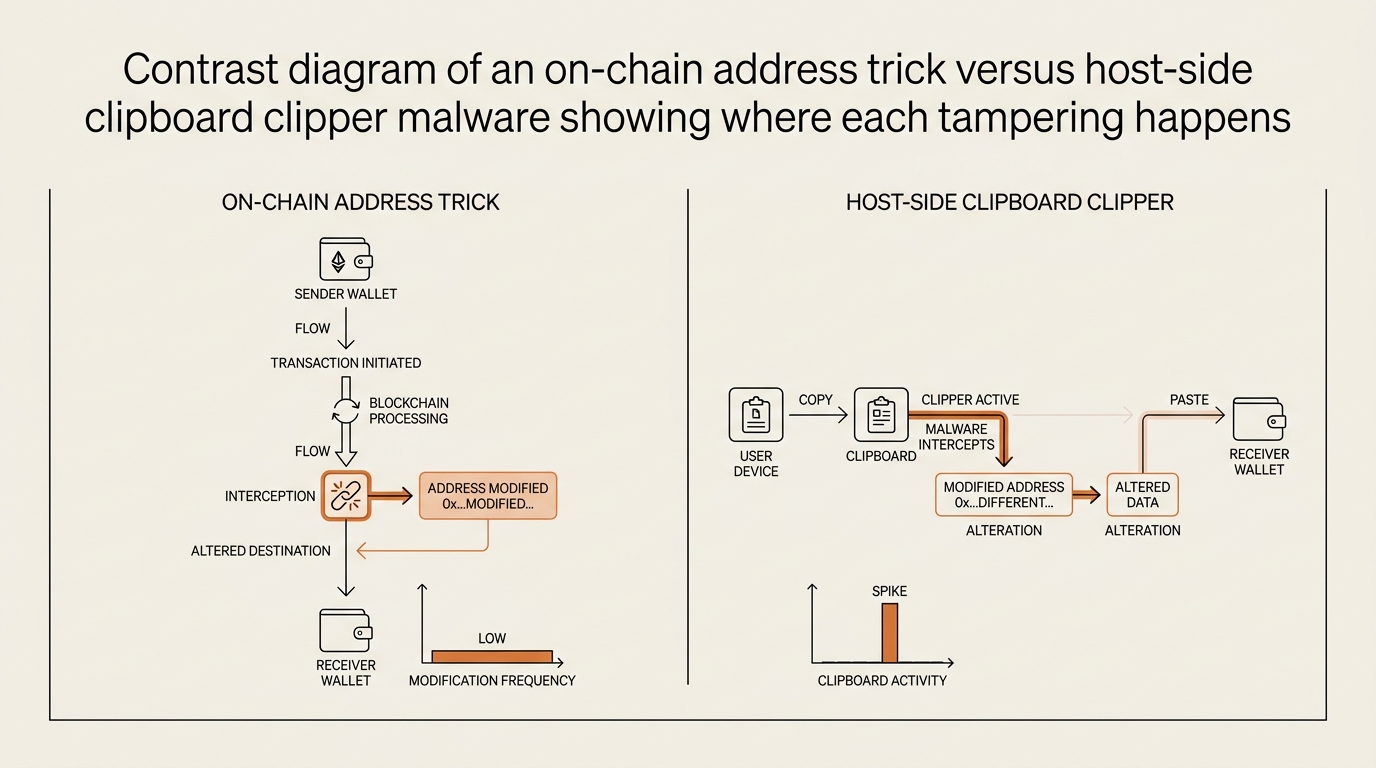 Contrast diagram of an on-chain address trick versus host-side clipboard clipper malware showing where each tampering happens
