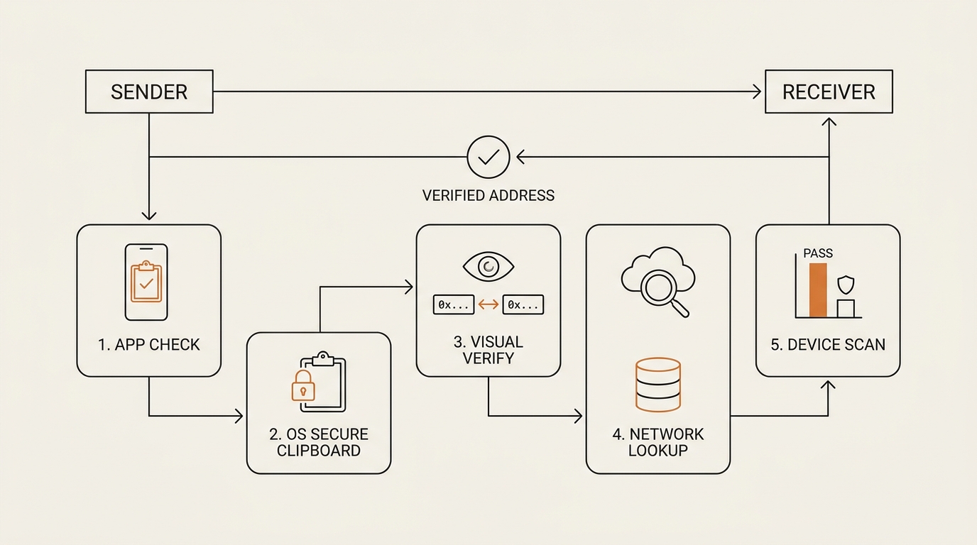 Five-layer defense checklist infographic for verifying an address against clipboard clipper malware before sending crypto