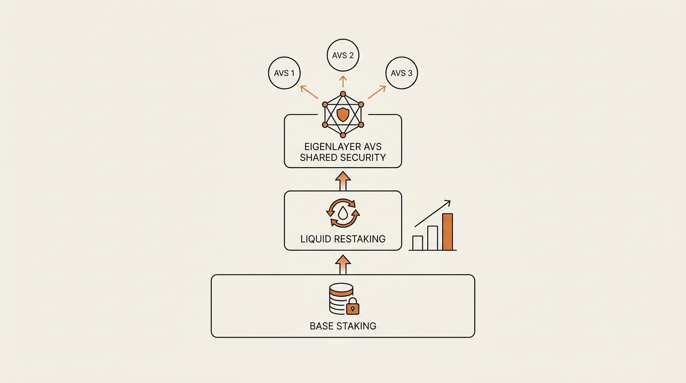 Layered stack diagram showing base staking under liquid restaking and EigenLayer AVS shared security