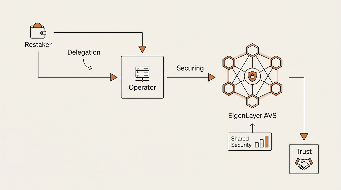 Flow diagram of restaker delegating to operator securing an EigenLayer AVS for shared security